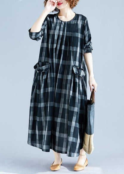 Diy O Neck Pockets Spring Tunics Gray Plaid Maxi Dress