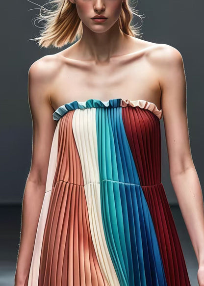 Colorblock Ruffled Chiffon Strapless Pleated Dress Summer