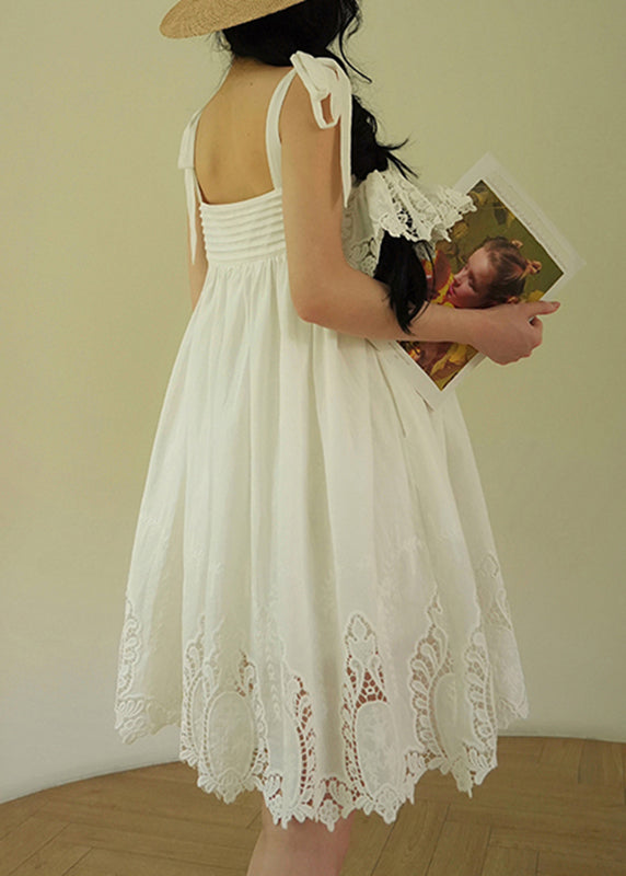 White Embroidered Hollow Out Cotton Party Long Dress Summer