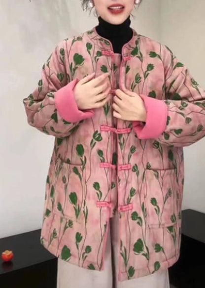 Pink Stand Collar Pockets Print Fine Cotton Filled Coat Winter