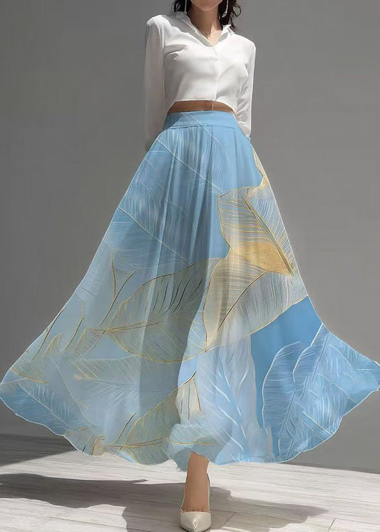 Sea Blue Leaf Print Chiffon Holiday Skirt Fall