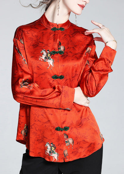Red Stand Collar Print Button Silk Shirt Long Sleeve
