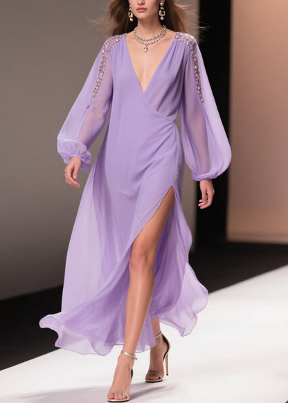 Italian Purple Wrinkled Side Open Chiffon Long Dresses Spring