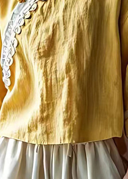 Yellow Mandarin Collar Linen Shirt Top Summer