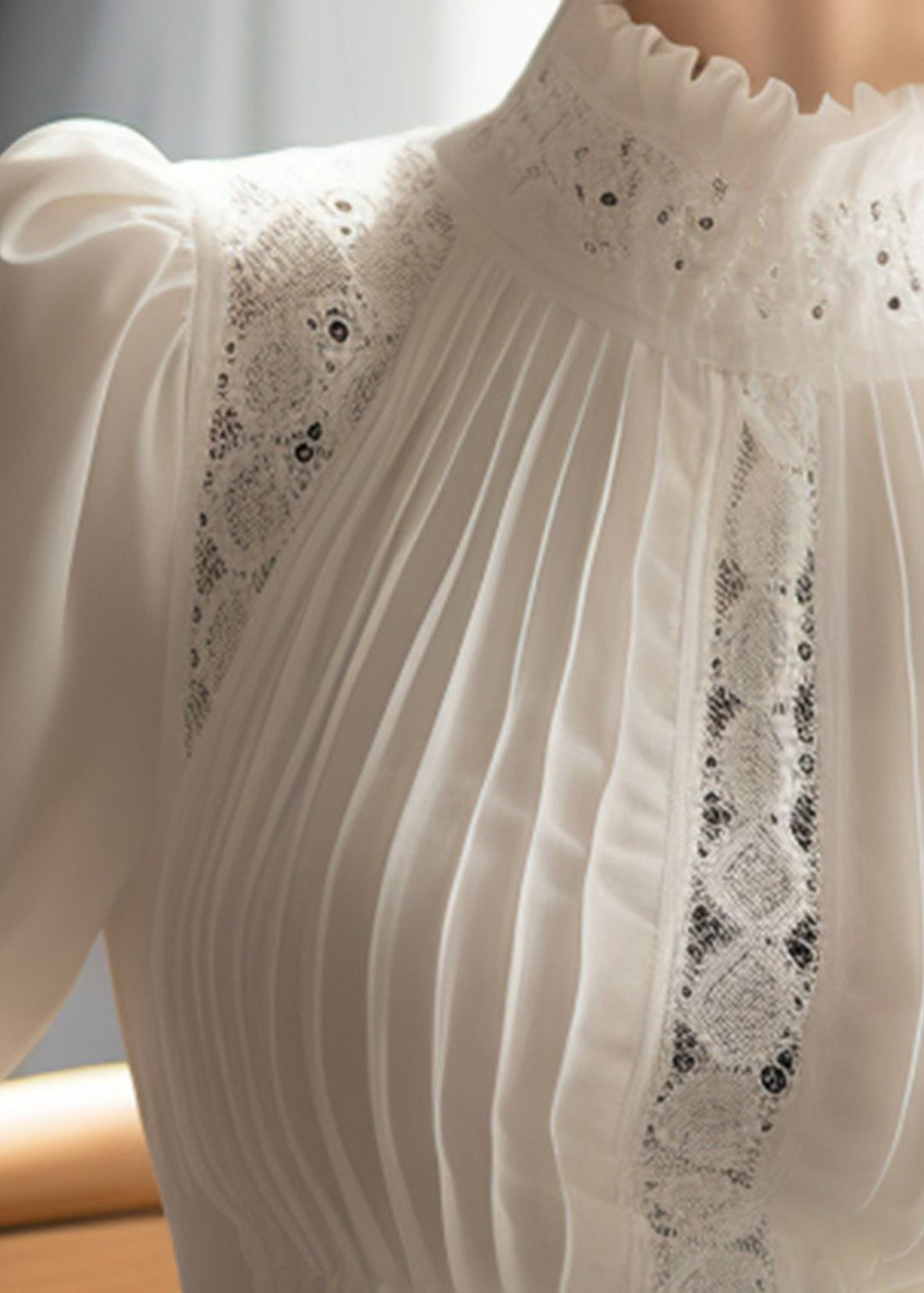 French White Puff Sleeve Lace Wrinkled Patchwork Cotton Top Spring