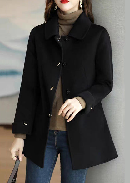 Black Peter Pan Collar Button Down Woolen Coat Fall