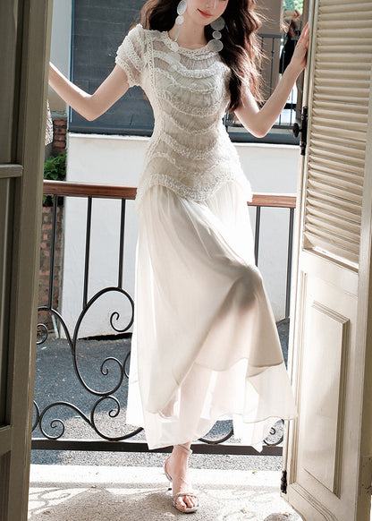 Slim Fit Beige Original Design Tulle Long Dress Summer