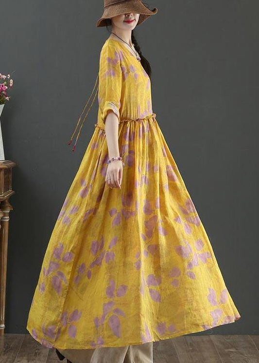 Natural Yellow Print Linen Cinched Summer Dress