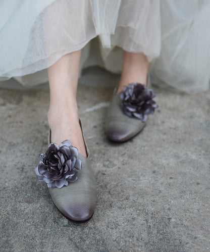 Handmade Grey Cowhide Leather Splicing Flat Shoes