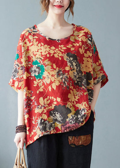 Red O-neck Print Cotton Tank Tops Short Sleeve