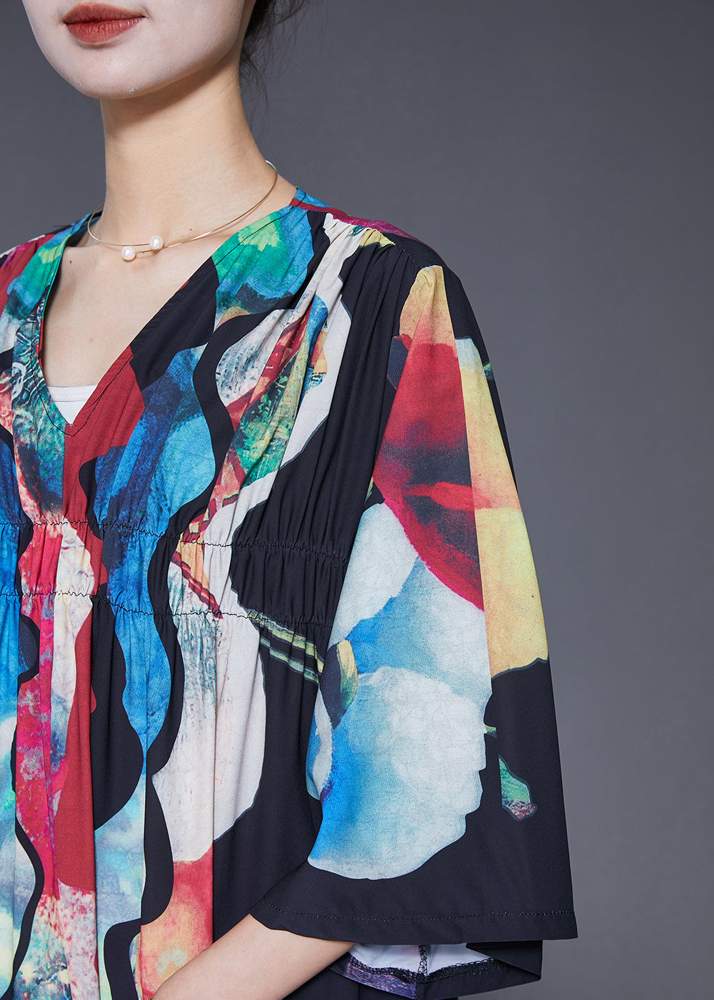 Black Oversized Wrinkled Print Chiffon Long Dress Summer