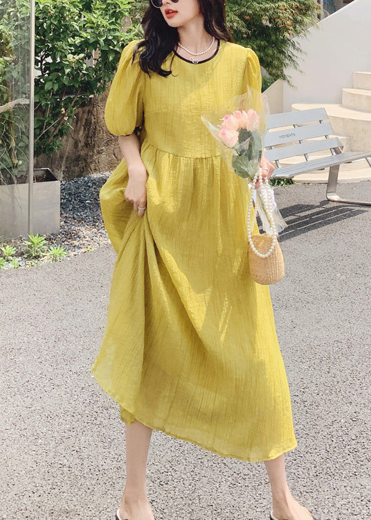 Yellow O Neck Patchwork Cotton Dress Summer