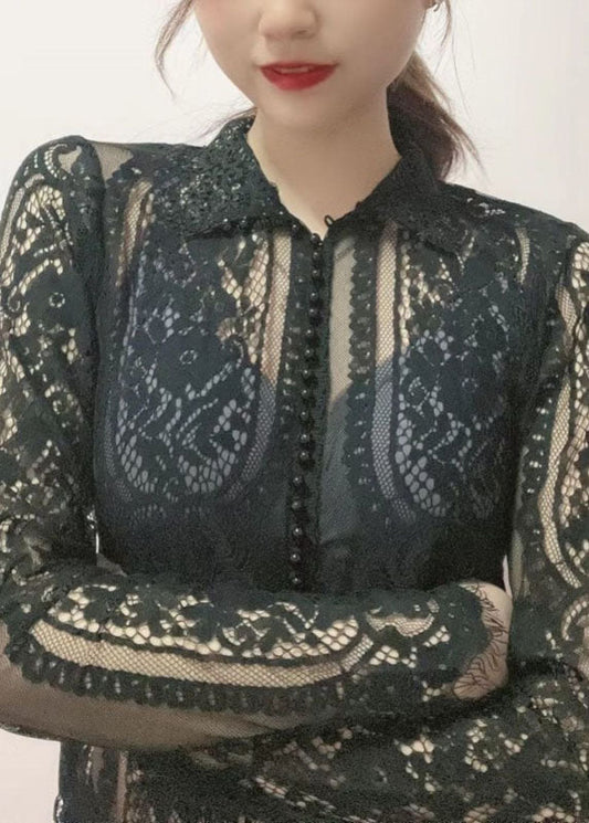 Black Hign Neck Bead Button Cotton Lace Top Fall