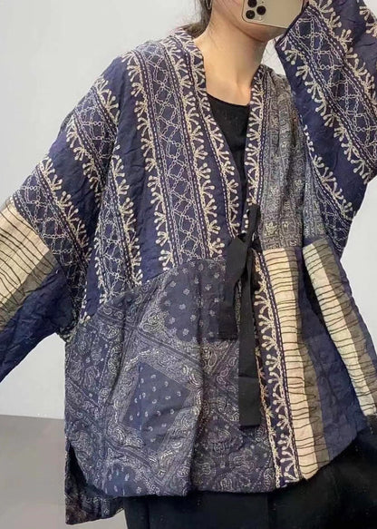 Diy Blue Print Patchwork Pockets Tie Waist Fall Top