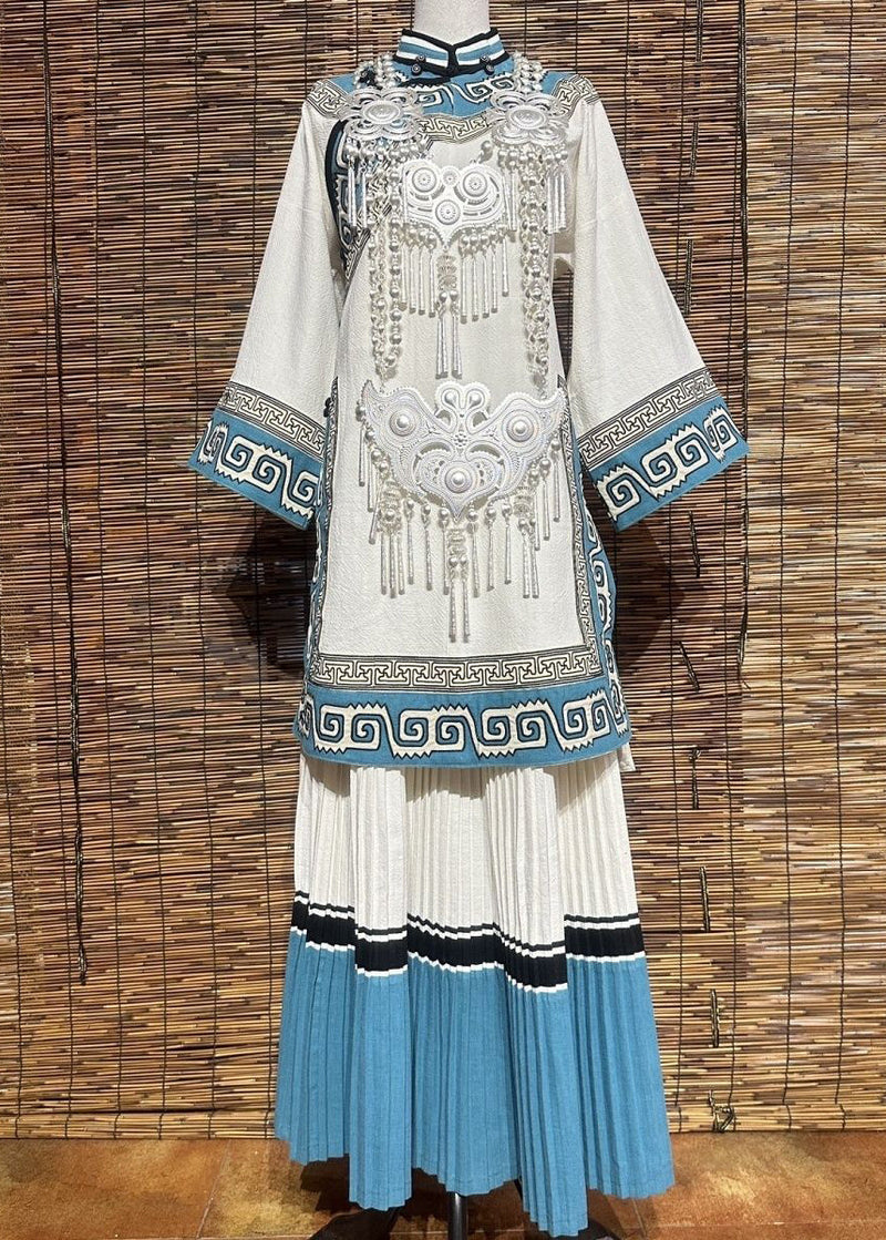 New White Embroidered Wrinkled Patchwork Tops and Skirts Linen Two Pieces Set Fall