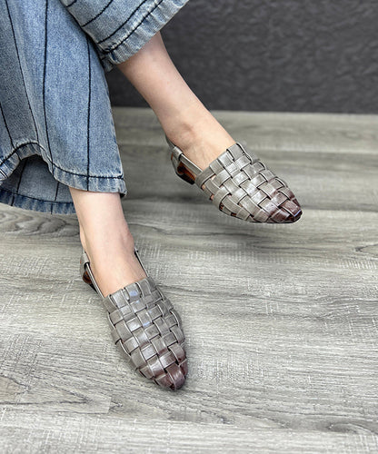 Splicing Chunky Hollow Out Sandals Grey Cowhide Leather
