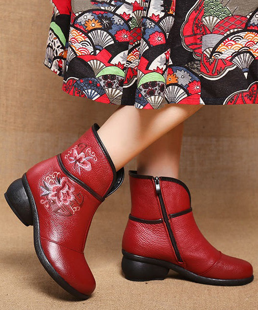 Red Warm Fleece Boots Chunky Cowhide Leather Embroidery