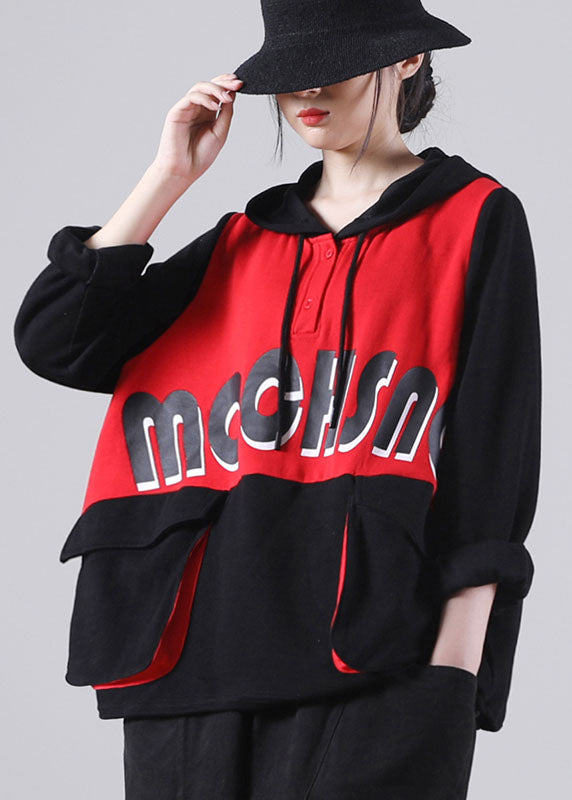 Comfy Red Hooded Drawstring Pockets Fall Patchwork Pullover Street Wear