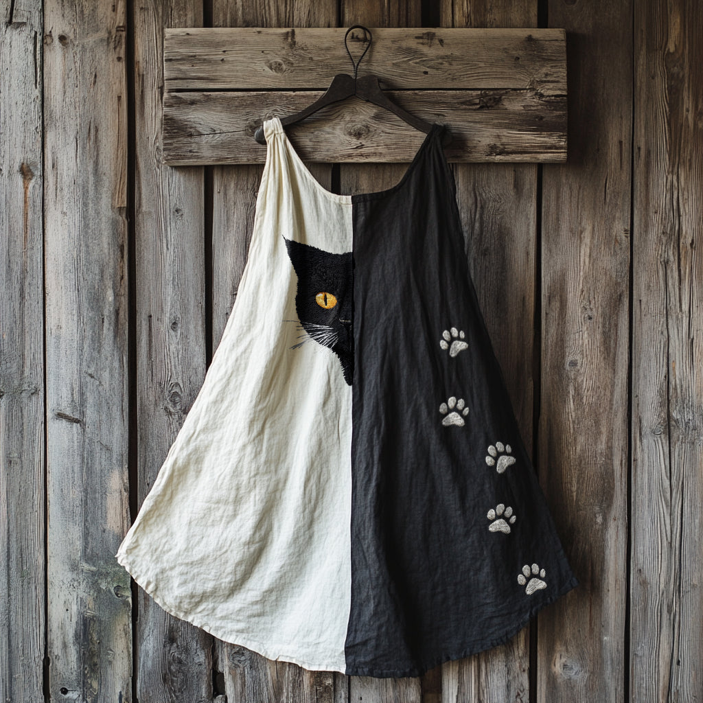 Cute Black Cat And Paw Embroidered Art Linen Contrast Color Mini Dress artswardrobe