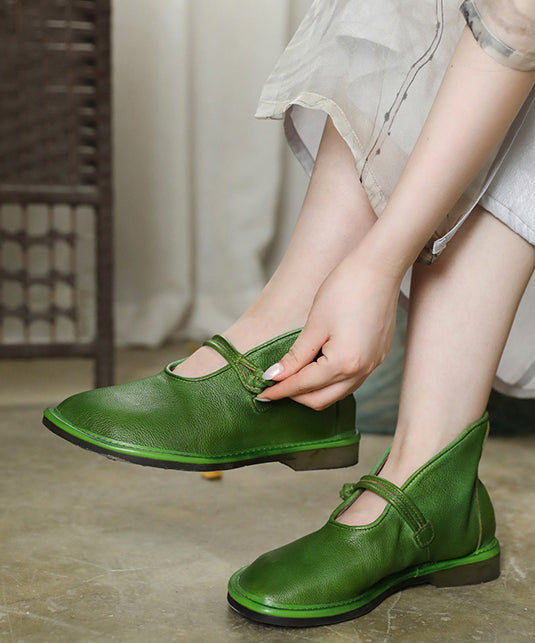 Comfortable Green Flat Feet Shoes Cowhide Leather Upper Buckle Strap Flat Shoes