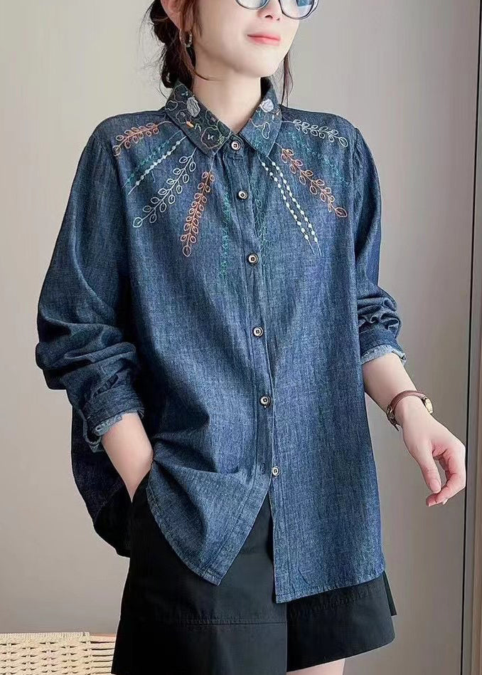 Denim Blue Peter Pan Collar Embroidered Button Shirt Long Sleeve