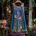 Vintage Bohemian Floral Denim Art Sleeveless Dress artswardrobe
