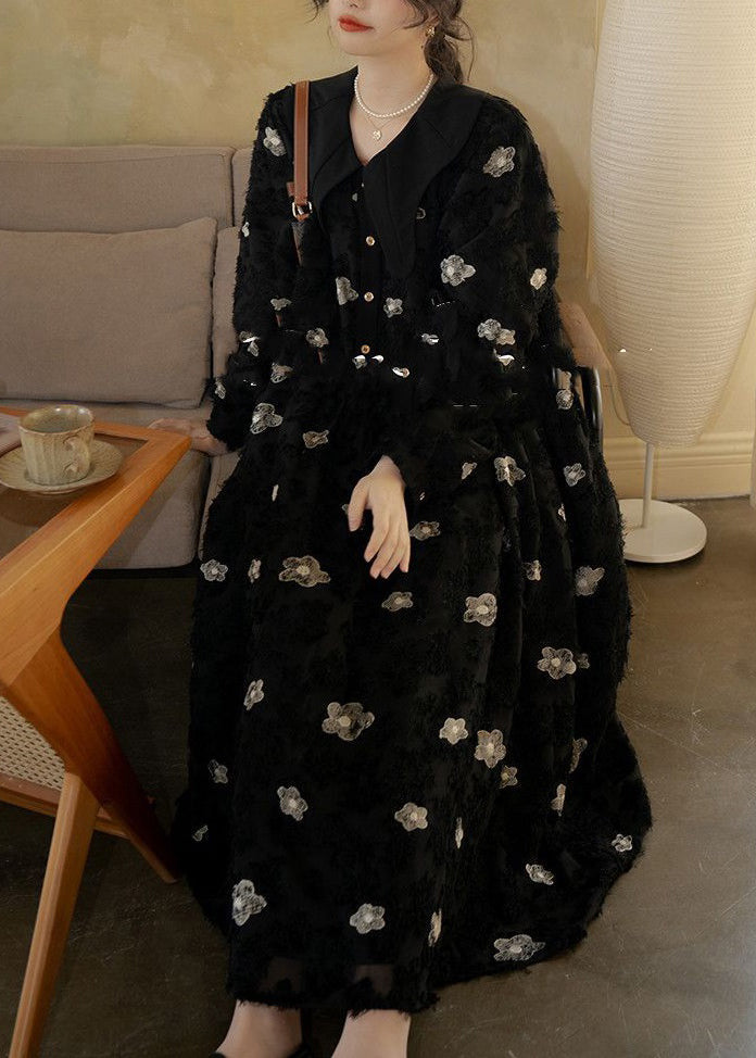 Black Peter Pan Collar Embroideried Cotton Long Dress Spring