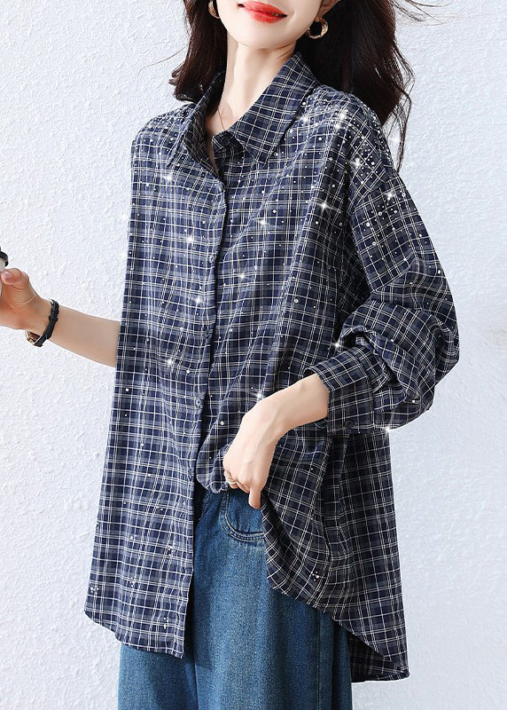 Blue Plaid Rhinestone Cotton Blouse Tops Fall