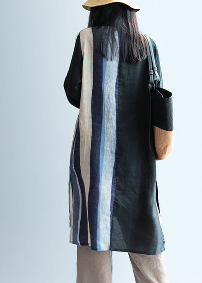 Black Low High Design Striped Linen Long Shirt Spring