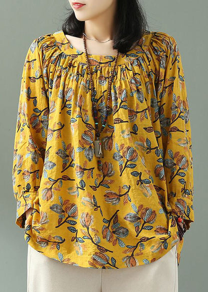 Yellow O Neck Print Loose Cotton T Shirt Fall
