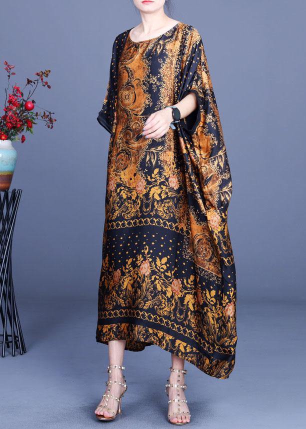 Chocolate Print O-neck Silk Summer Party Dress