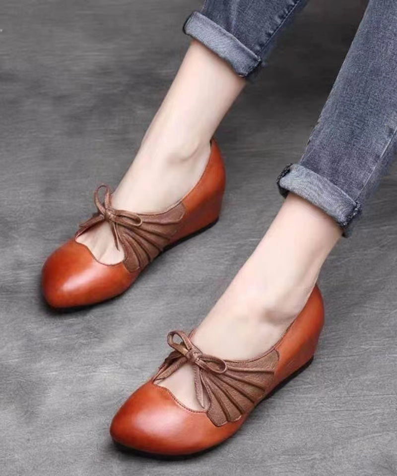 Brown Comfortable Cowhide Leather High Wedge Heels Shoes
