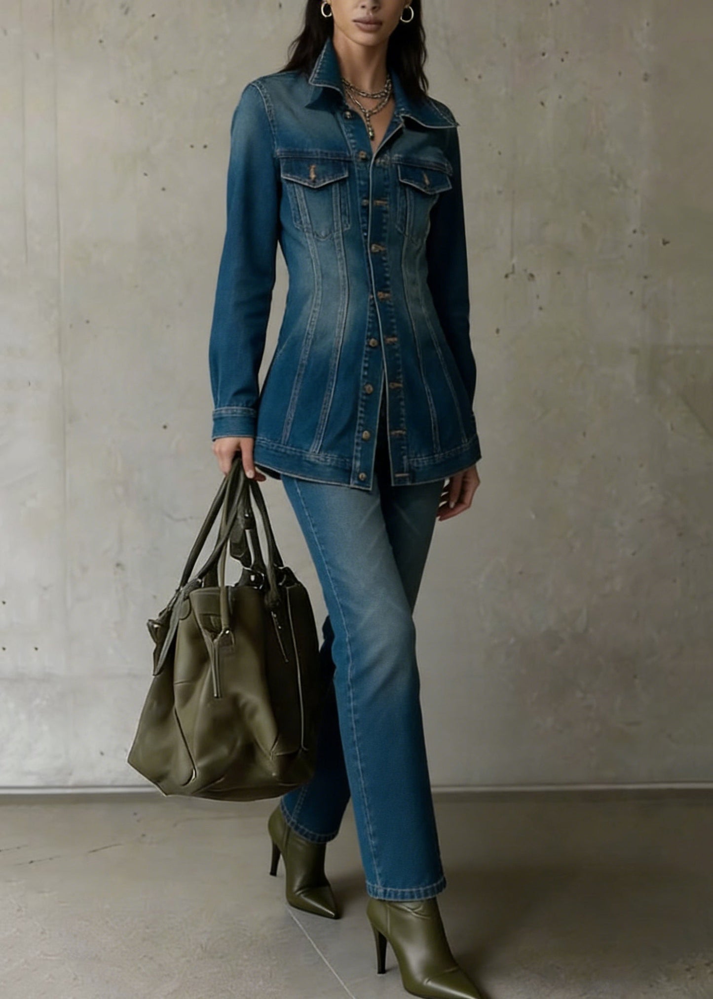 Natural Denim Blue Peter Pan Collar Button Coat and Flared Trousers Two Pieces Set Spring
