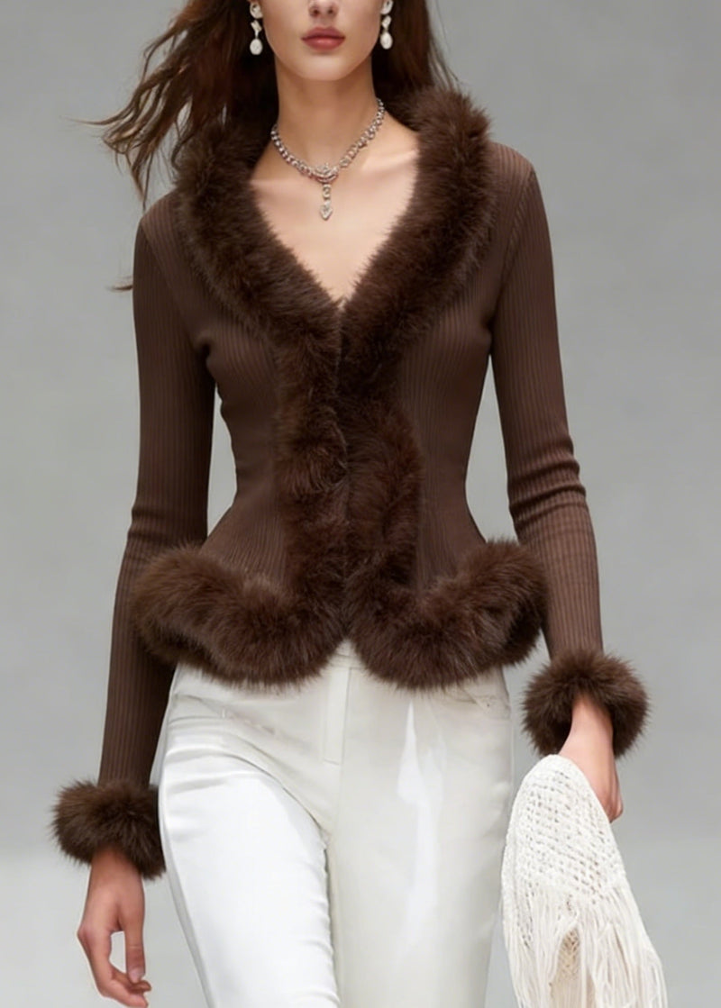 Brown V Neck Fuzzy Fur Patchwork Knit Top Spring