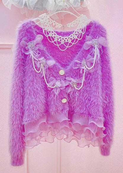 Purple V Neck Nail Bead Ma Hai Mao Sweaters Long Sleeve