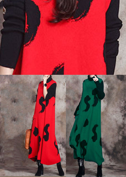 Fitted Green Turtleneck Slim Fit Knit Fall Maxi Dress Long Sleeve