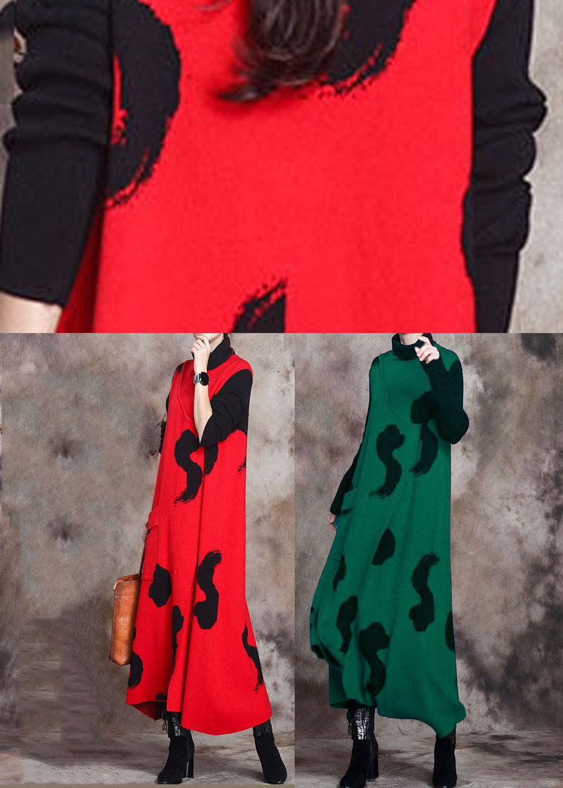 Fitted Red Patchwork Asymmetrical Design Knit Fall Long Sleeve Holiday Dress