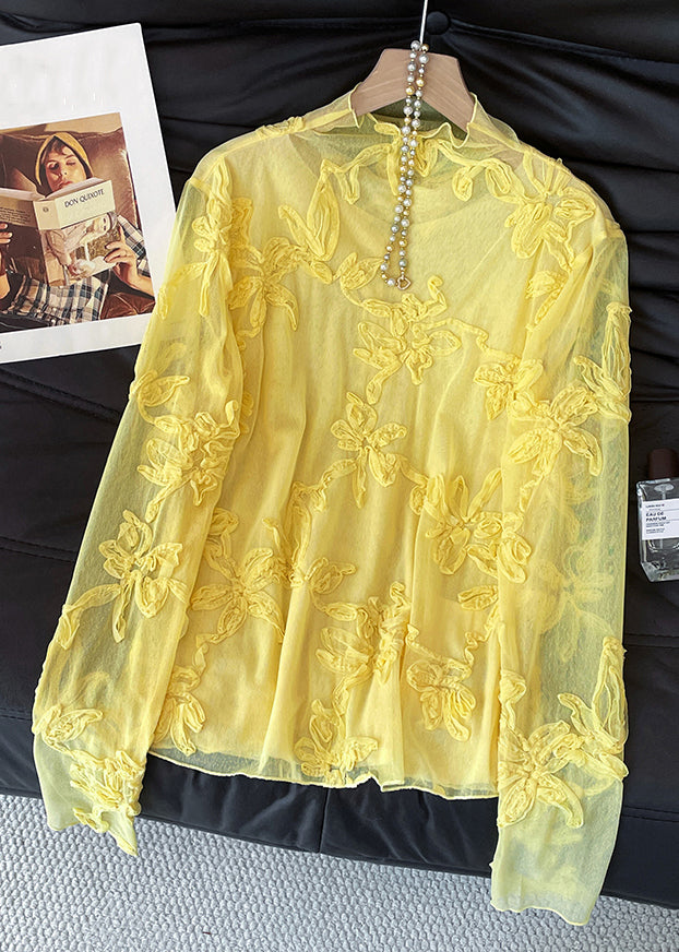 Slim Fit Yellow Embroidered Tulle T Shirt Fall