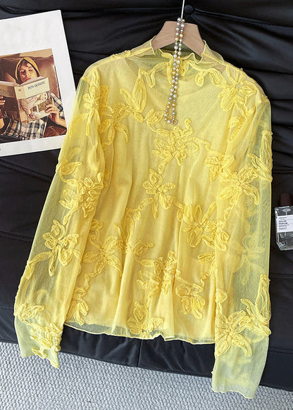 Slim Fit Yellow Embroidered Tulle T Shirt Fall