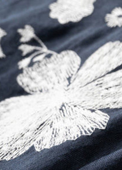 Boutique Navy O-neck Embroideried Cotton Shirt Short Sleeve