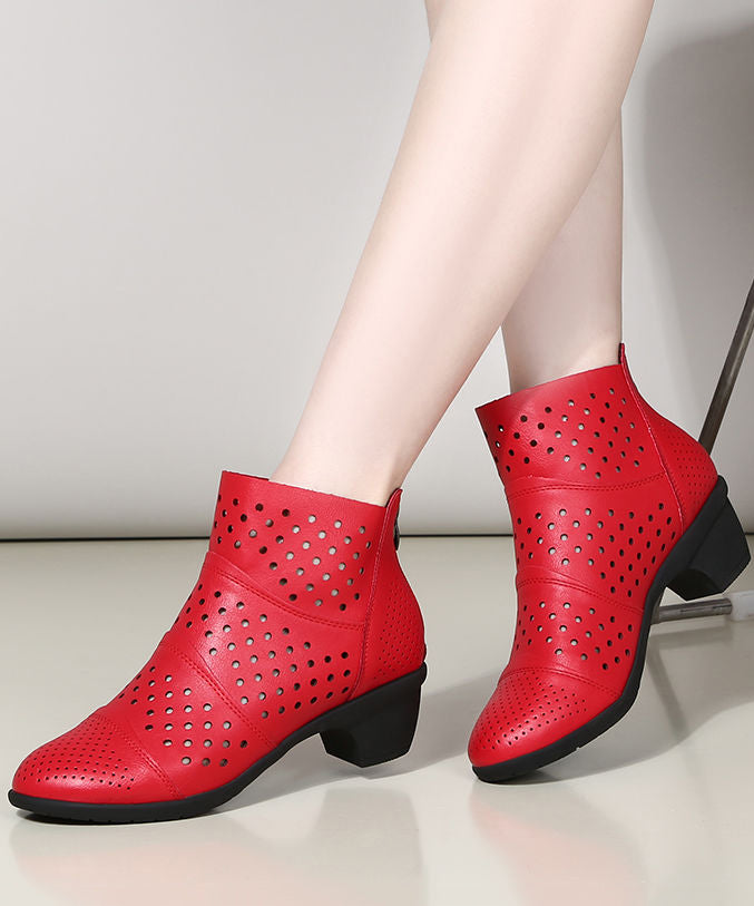 Red Chunky Cowhide Leather Hollow Out Splicing Boots