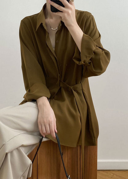 Caramel Peter Pan Collar Cinched Shirt Spring