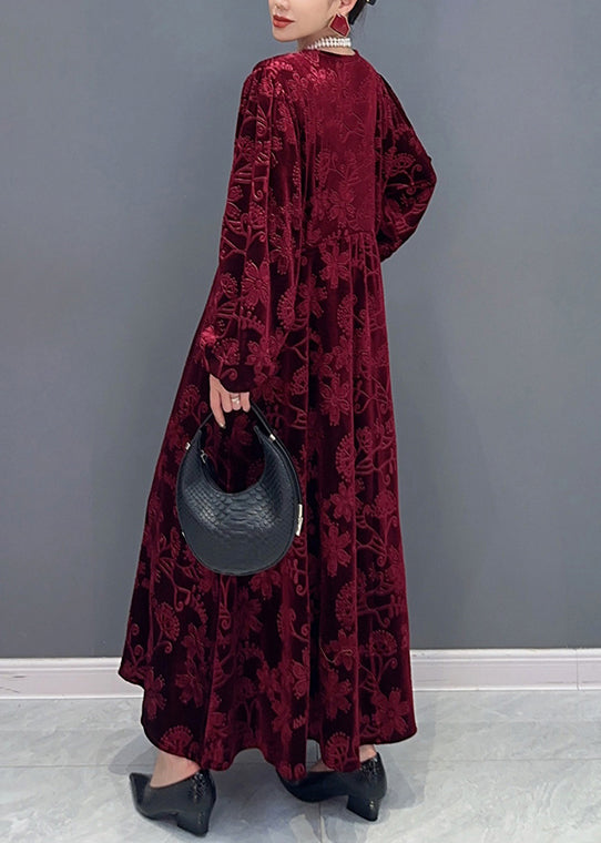 Red V Neck Jacquard Patchwork Velour Dresses Fall