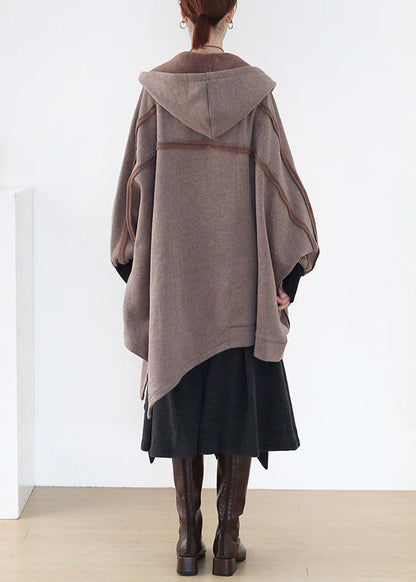 Khaki Asymmetrical Patchwork Zippered Thick Cotton Hoded Coats Fall