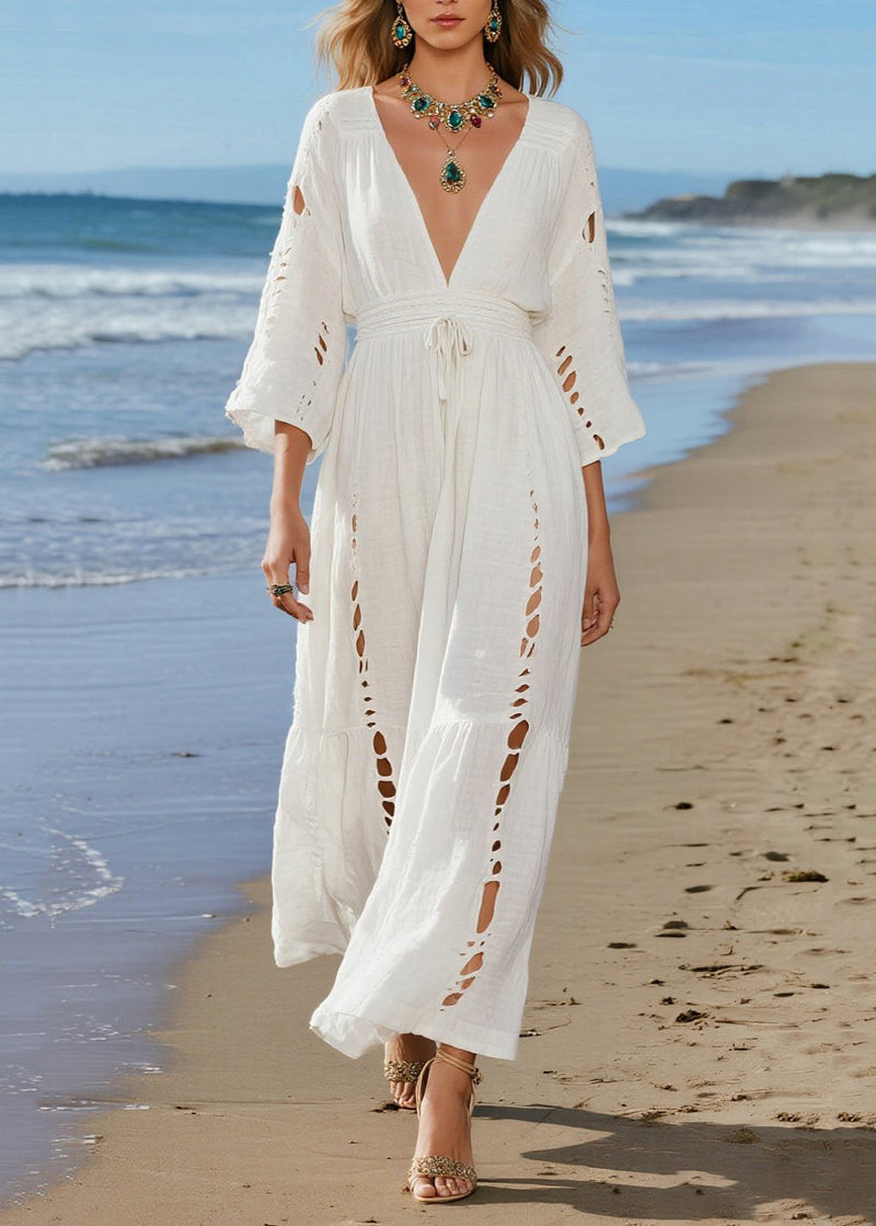 Beige V Neck Hollow Out Cotton Holiday Dresses Spring