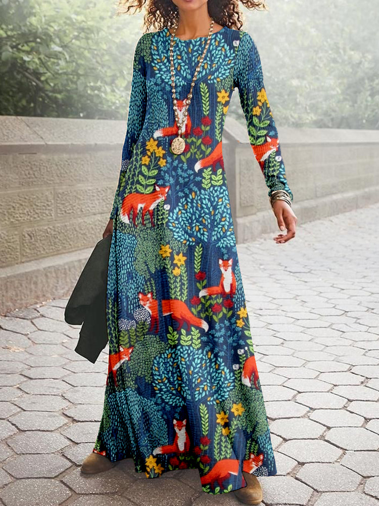 Fox in the Forest Graphic Vintage Cozy Maxi Dress artswardrobe
