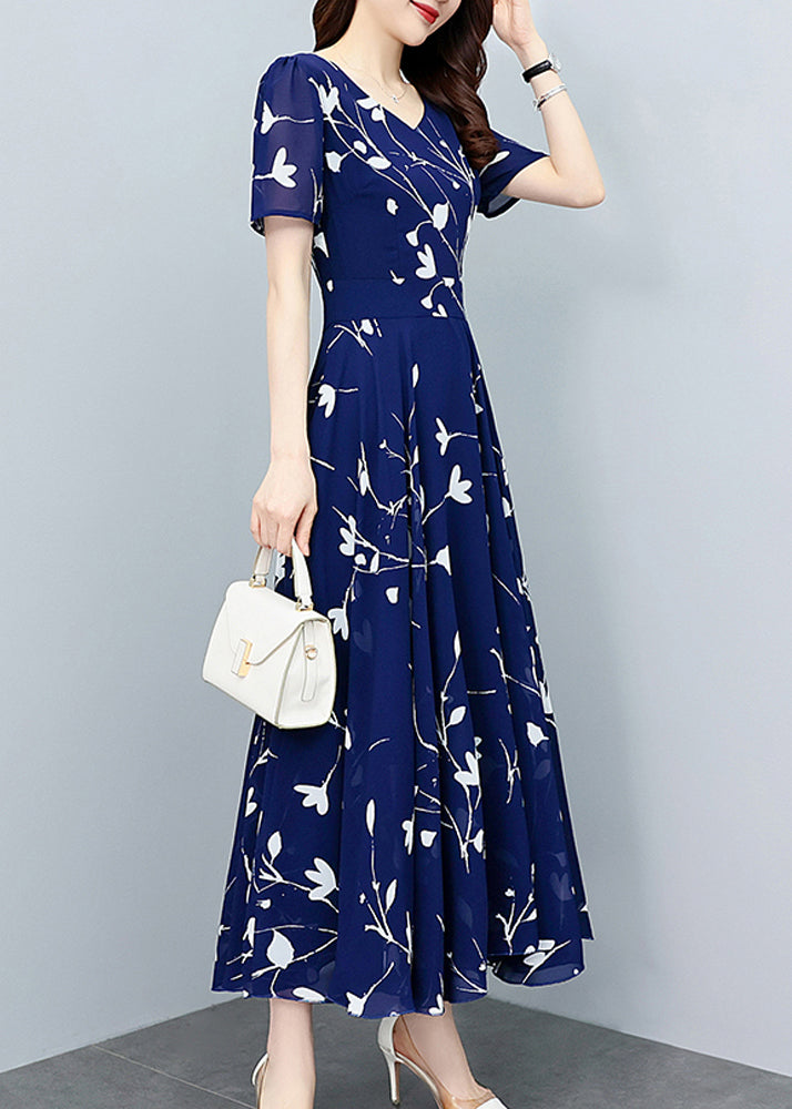 Navy Blue V Neck Print Slim Chiffon Maxi Dresses Summer