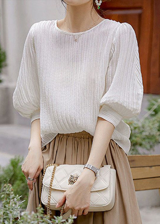Simple White Wrinkled Silk T Shirt Lantern Sleeve
