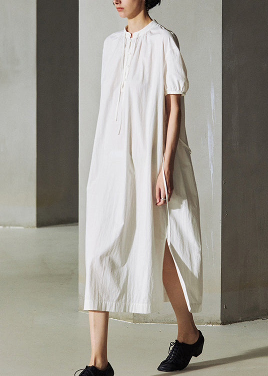 Handmade White O-neck Cinched Loose Cotton Long Dresses Summer