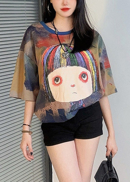 Khaki O Neck Print Cotton T Shirt Half Sleeve